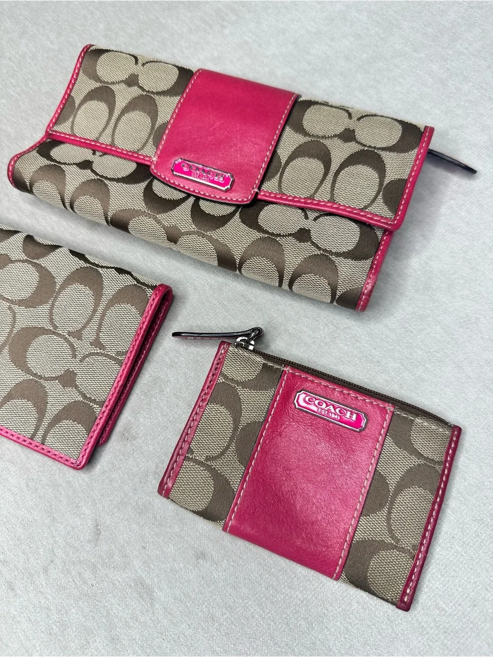 Coach Brown Signature Canvas Wallet & Card Set with Pink Trim